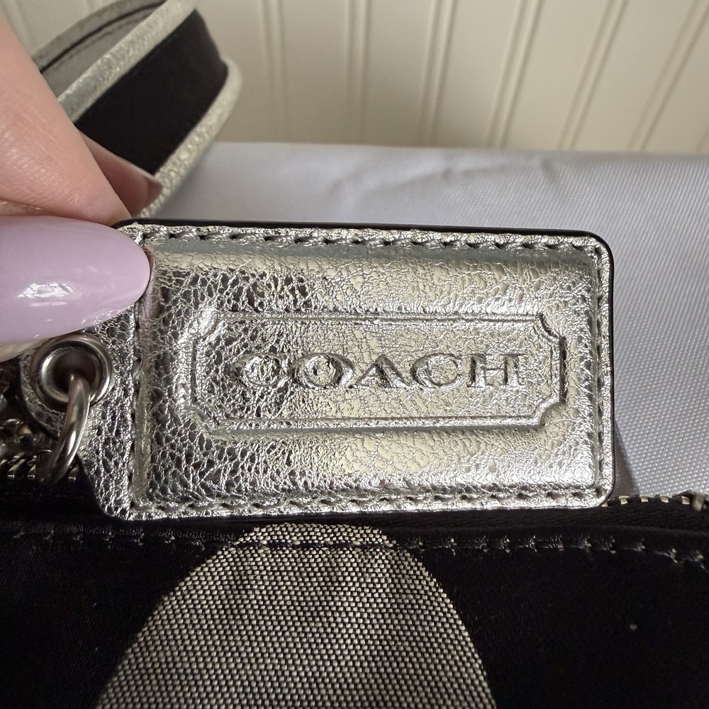 Coach Poppy Large Shoulder Tote Bag Purse Black Silver Shopper Signature C - Picture 11 of 16